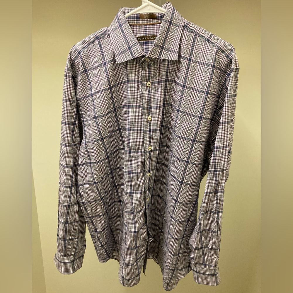 Peter Millar Plaid Purple Multicolor Button Up Shirt Size XL 100% Cotton